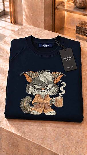 KAHVE İÇEN KEDİ NAKIŞLI SWEATSHİRT