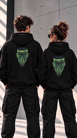 NEON YÜZ NAKIŞLI SİYAH RENK UNİSEX KAPÜŞONLU SWEATSHİRT - 5