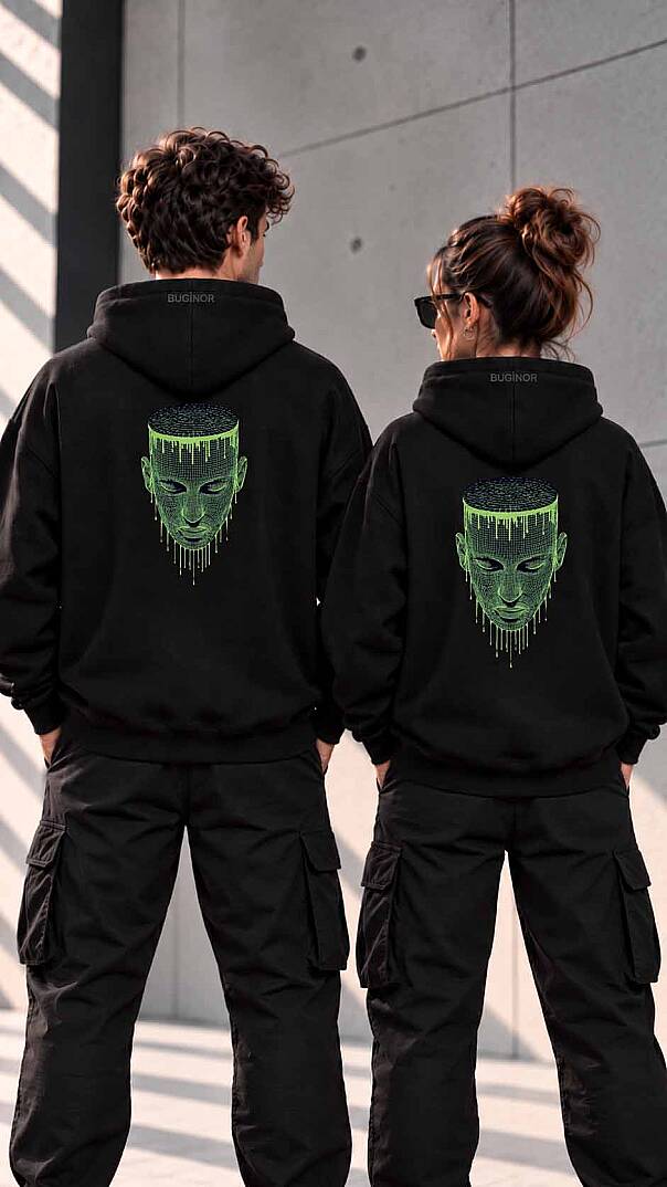 NEON YÜZ NAKIŞLI SİYAH RENK UNİSEX KAPÜŞONLU SWEATSHİRT - 5