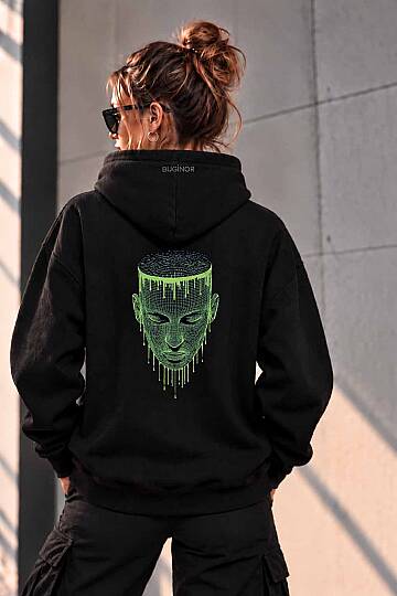 NEON YÜZ NAKIŞLI SİYAH RENK UNİSEX KAPÜŞONLU SWEATSHİRT - 6