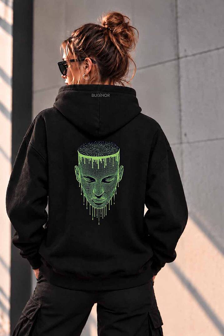 NEON YÜZ NAKIŞLI SİYAH RENK UNİSEX KAPÜŞONLU SWEATSHİRT - 6
