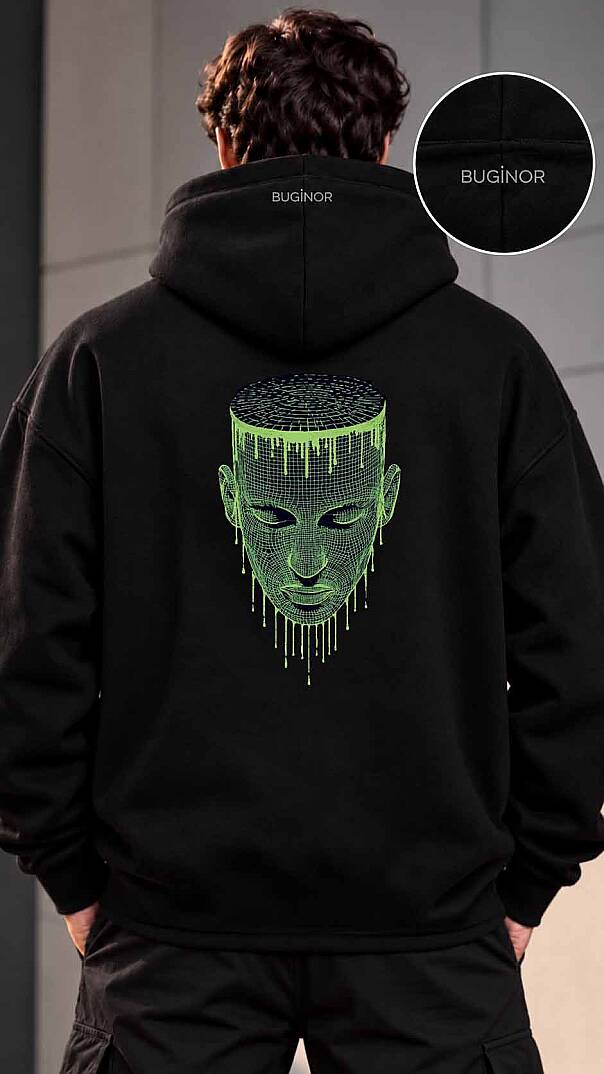 NEON YÜZ NAKIŞLI SİYAH RENK UNİSEX KAPÜŞONLU SWEATSHİRT - 7