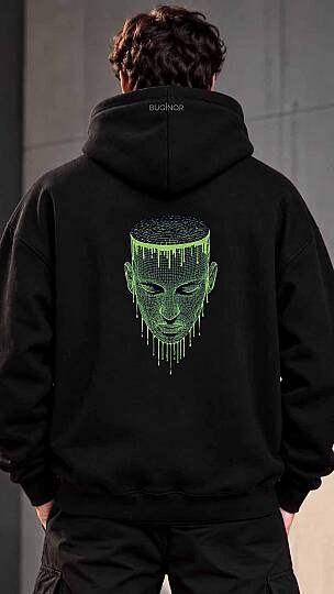 NEON YÜZ NAKIŞLI SİYAH RENK UNİSEX KAPÜŞONLU SWEATSHİRT - 8