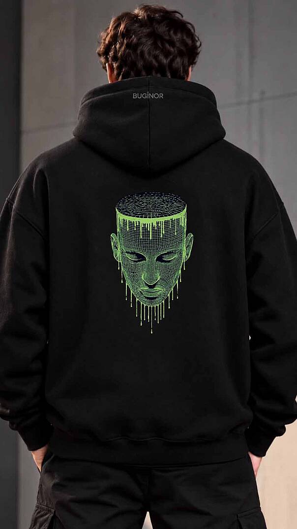 NEON YÜZ NAKIŞLI SİYAH RENK UNİSEX KAPÜŞONLU SWEATSHİRT - 8