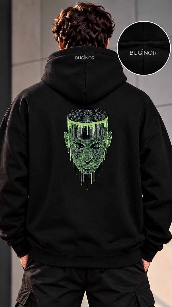 NEON YÜZ NAKIŞLI SİYAH RENK UNİSEX KAPÜŞONLU SWEATSHİRT - 1