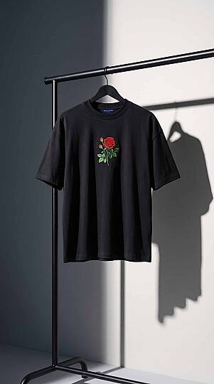 ROSE (GÜL) NAKIŞLI BARAN SİYAH RENKLİ YARIM OVERSİZE TİŞÖRT - 6