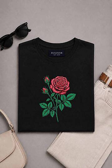 ROSE (GÜL) NAKIŞLI BARAN SİYAH RENKLİ YARIM OVERSİZE TİŞÖRT - 7