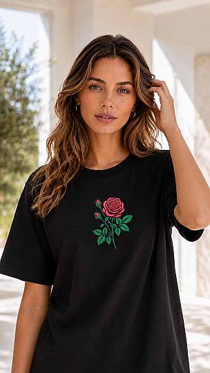 ROSE (GÜL) NAKIŞLI BARAN SİYAH RENKLİ YARIM OVERSİZE TİŞÖRT - 2