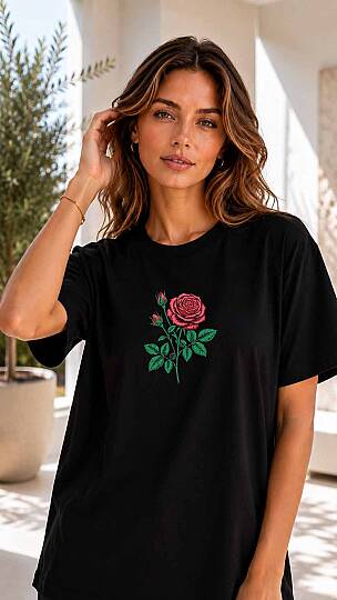 ROSE (GÜL) NAKIŞLI BARAN SİYAH RENKLİ YARIM OVERSİZE TİŞÖRT - 3