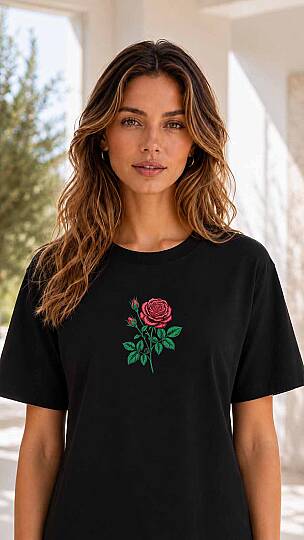 ROSE (GÜL) NAKIŞLI BARAN SİYAH RENKLİ YARIM OVERSİZE TİŞÖRT - 4