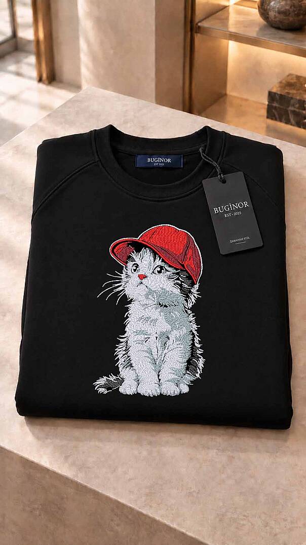 TATLI KEDİ-SEVİMLİLİK VE ZARAFETİN NAKIŞLI UNİSEX SWEATSHİRT - 10