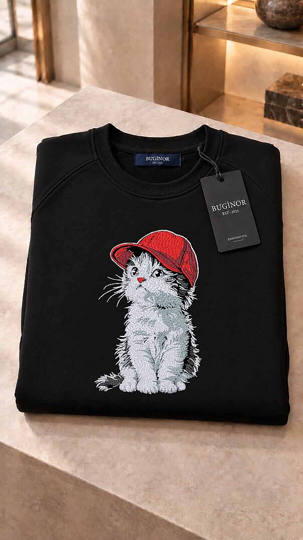 TATLI KEDİ-SEVİMLİLİK VE ZARAFETİN NAKIŞLI UNİSEX SWEATSHİRT - 1